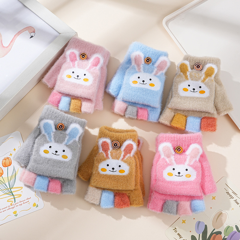 冬季加厚儿童卡通兔子半指翻盖手套秋冬男童可爱幼儿露指针织