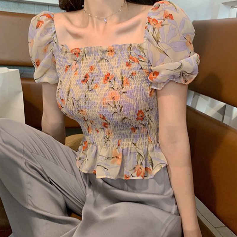 夏季新款收腰显瘦方领雪纺衫女韩版修身百搭花朵短袖上衣洋气小衫|msdalam kategori Butik wanita / wanita, baju lace/baju chiffon - dari Buy2taobao.com untuk memberikan perkhidmatan ejen Taobao profesional membeli