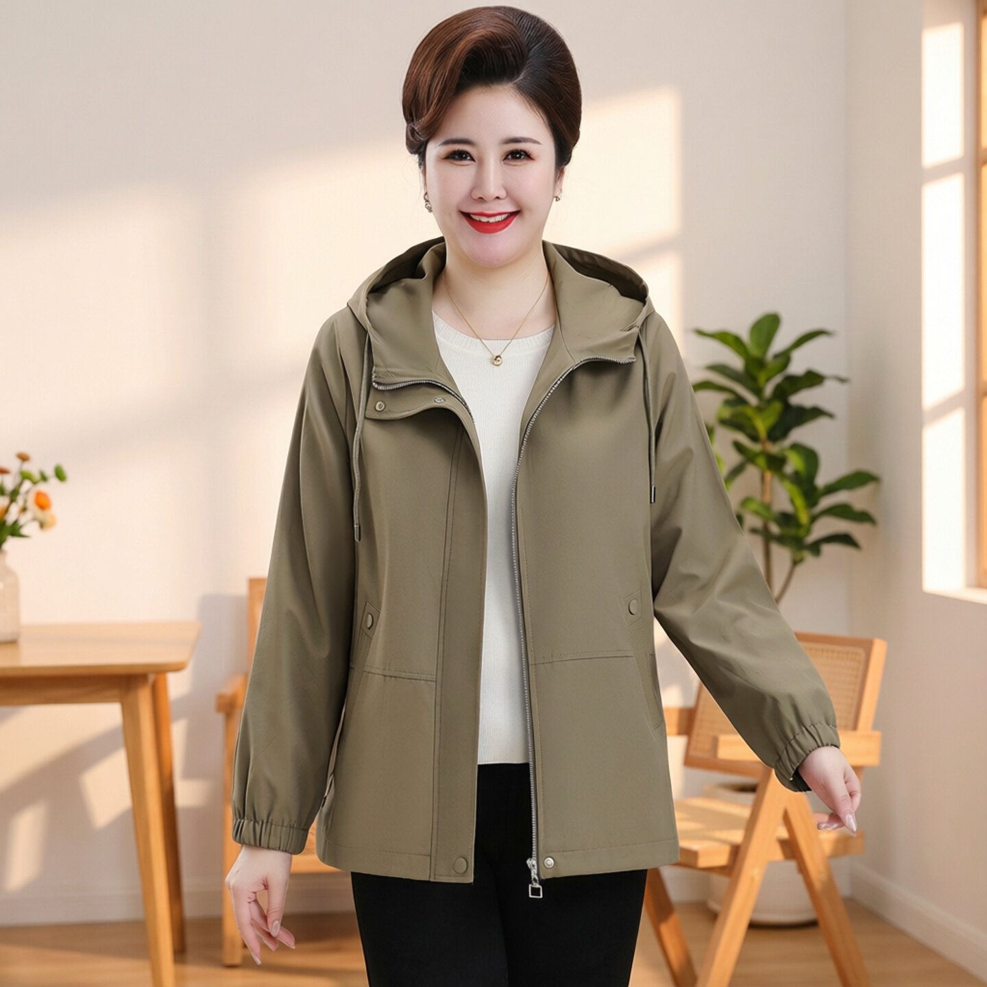 中年女士春装连帽夹克外套胖妈妈加肥大码200斤奶奶宽松遮肚风衣