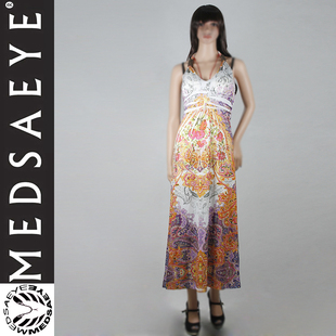 亮钻橘黄紫白花色吊带挂脖长裙