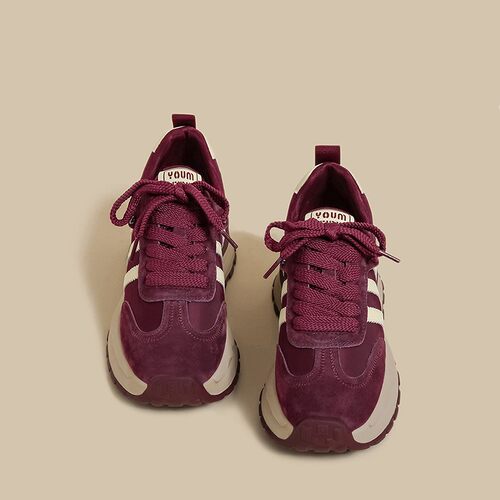 秋季新款百搭厚底条纹休闲阿甘鞋女红色复古爆款增高华夫老爹板鞋