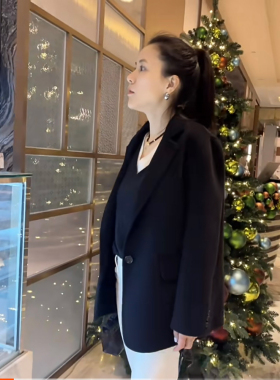 TANG TOWN  自制高克重小山羊绒大衣双面纯羊绒黑色手工外套女