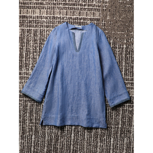 TANG TOWN 自制 轻盈舒适度假风極简 宽松拼色牛仔亚麻显瘦连衣裙