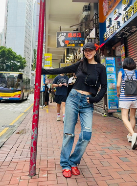 TANG TOWN 自制 复古水洗手工补丁破洞设计 美式休闲小直筒牛仔裤