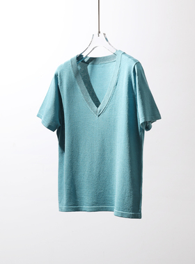 TANG TOWN惬享夏日舒适体感 干爽凉感真丝金银丝V领短袖T恤针织衫