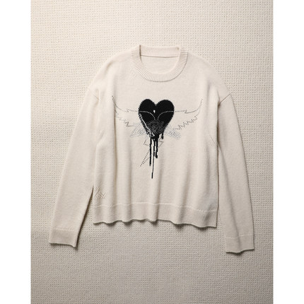 TANG TOWN 重磅奢华/烫钻镶嵌/钻闪纯羊绒提花爱心针织衫/毛衣