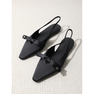 TANG TOWN 26春夏新款 尖头浅口蝴蝶结单鞋真丝布一字带平底凉鞋