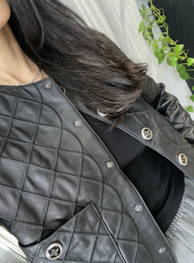 TANG TOWN 西班牙进口A级羊皮菱格皮衣黑色短TTHL24021