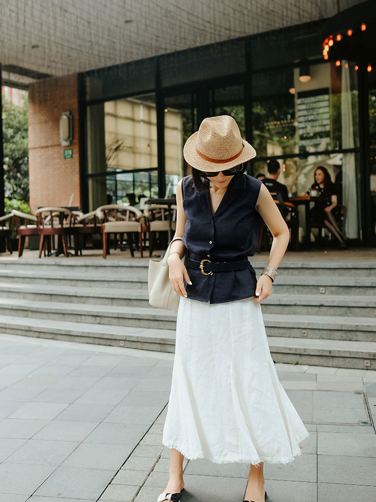 汤汤2004亚麻鱼尾中长裙