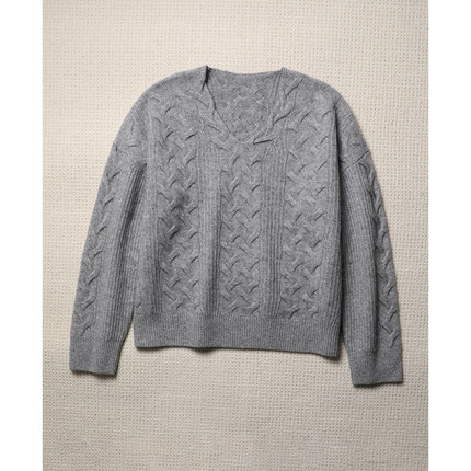 TANG TOWN 温暖舒适爱不释手 纯羊绒 松弛艺术绞花V领针织衫/毛衣