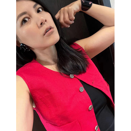 TANG TOWN 自制 亚麻红色毛边双口袋马甲外套女2025年春新款