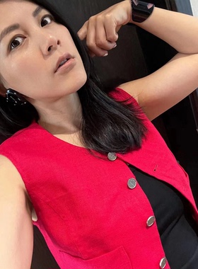 TANG TOWN 自制 亚麻红色毛边双口袋马甲外套女2025年春新款
