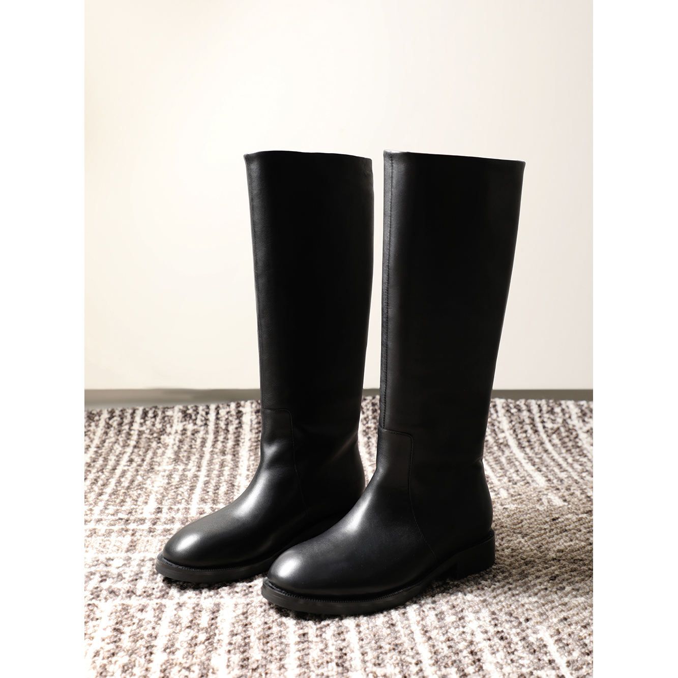 TANG TOWN极简row风小牛皮/内里丝绸羊皮显瘦一脚蹬高筒靴骑士靴