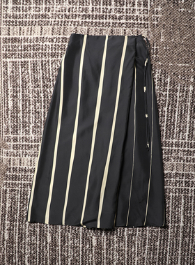 TANG TOWN 春夏~100绢丝光泽感滑爽舒适清凉腰部抽绳条纹真丝半裙