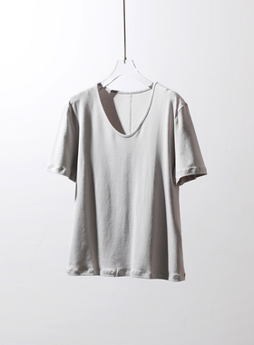 TANG TOWN 休闲百搭 干爽舒适和纸纱/莫代尔 V领后中缝短袖T恤