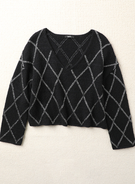 TANG TOWN自制高定工坊线 中厚加密羊驼毛羊毛菱格闪闪针织衫毛衣