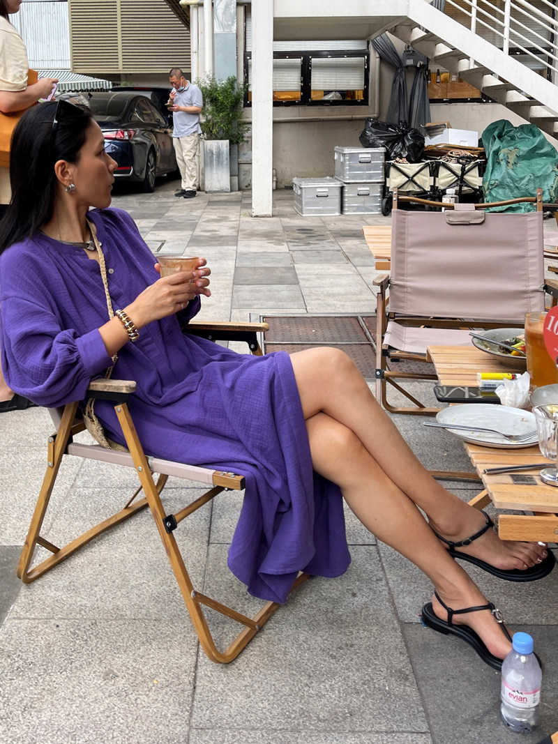 TANG TOWN 自制紫色度假纯棉压褶衬衫连衣裙女夏季新款优雅气质