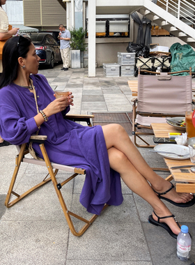 TANG TOWN 紫色度假纯棉压褶衬衫连衣裙女2025年夏季新款优雅气质