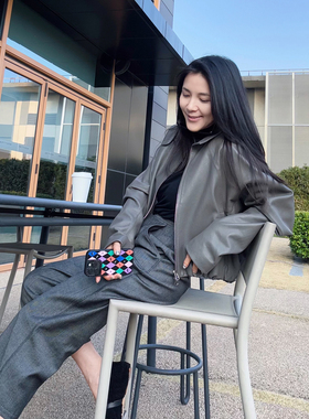 TANGTOWN轻蜡绵羊皮帅气有型上衣灰色蝙蝠袖机车服宽松皮衣外套女