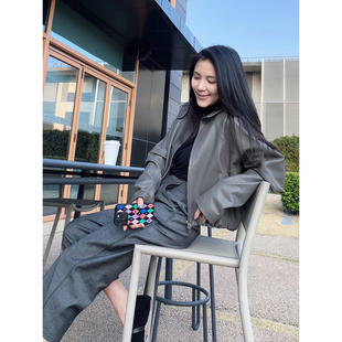 机车服宽松皮衣外套女 TANGTOWN轻蜡绵羊皮帅气有型上衣灰色蝙蝠袖