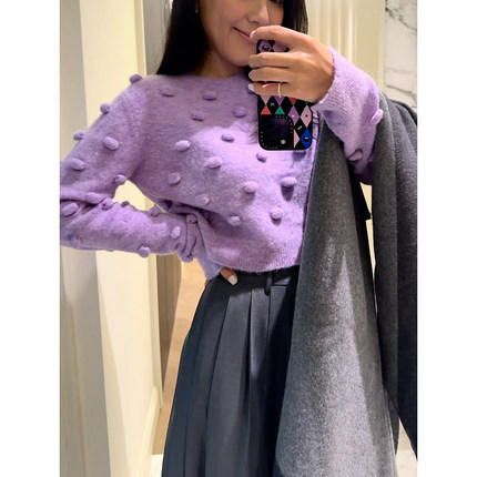 TANG TOWN 自制 手工毛球巧趣丰富造型 阿尔巴卡羊毛针织衫/毛衣