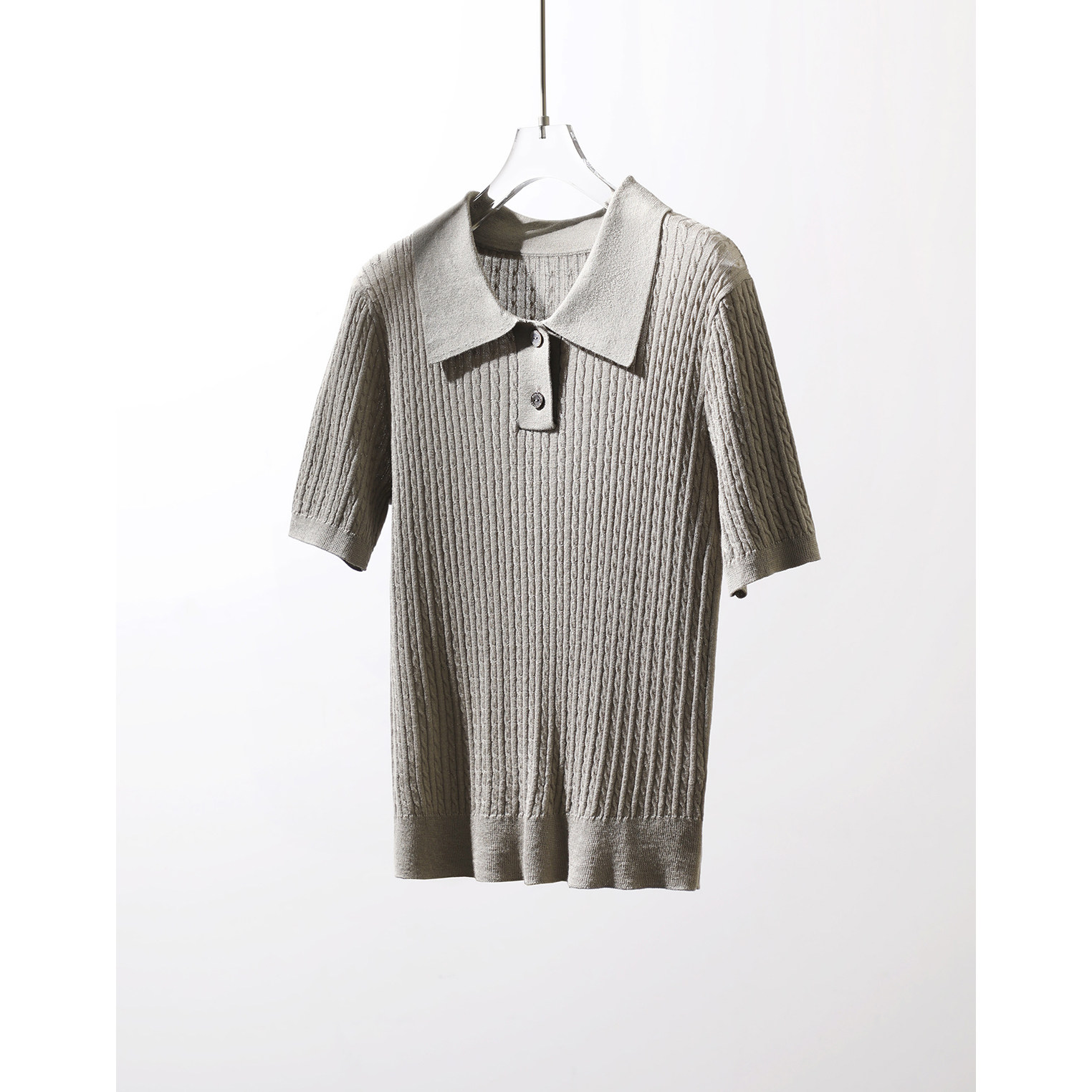 TANG TOWN 重磅桑蚕丝羊绒软糯舒适立体绞花麻花短袖Polo领针织衫