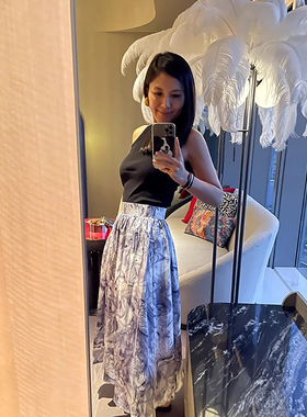 TANG TOWN印染配色18姆米斜纹桑蚕丝A字大摆半裙