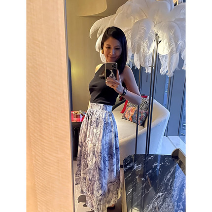 TANG TOWN印染配色18姆米斜纹桑蚕丝A字大摆半裙2025年