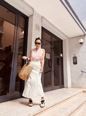 TANG TOWN 自制 夏季B入 新疆长绒棉佰搭極简后纽扣开衩直筒半裙