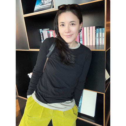 TANG TOWN 百搭 舒适休闲轻盈透气干爽全棉微修身长袖打底t恤女夏