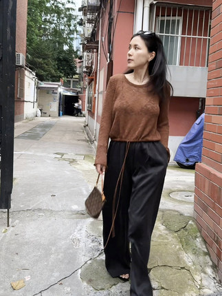 TANG TOWN 潇洒大女人长腿裤 19姆米黑色砂洗真丝松紧裤 直筒裤女