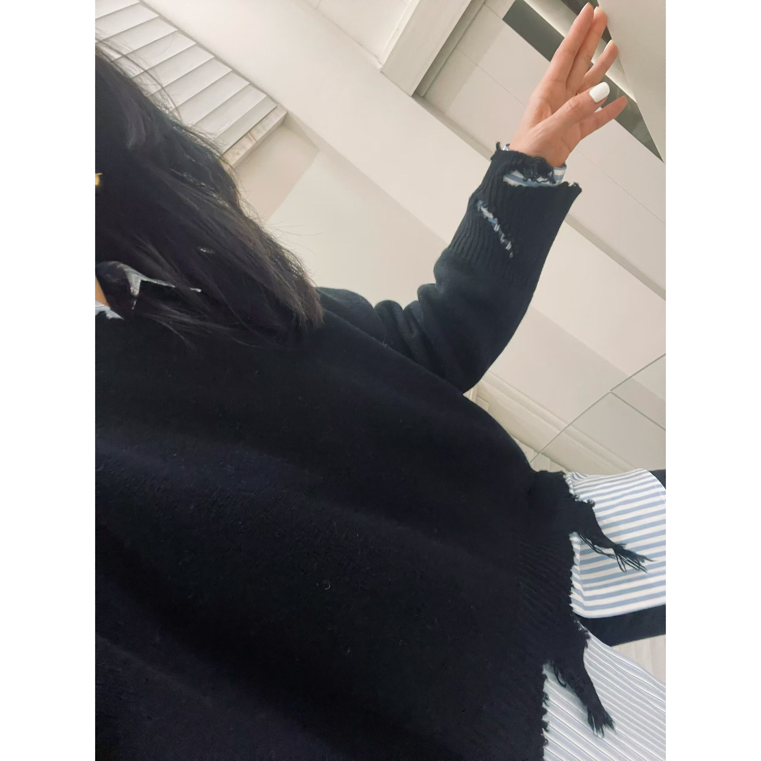 TANG TOWN自制时髦个性不规则撕裂破损设计纯羊绒宽松针织衫/毛衣