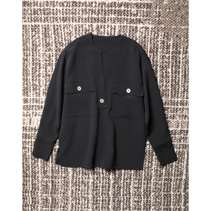 TANG TOWN 早秋 重磅弹力重乔丝羊毛羊腿袖半开襟上衣/衬衫