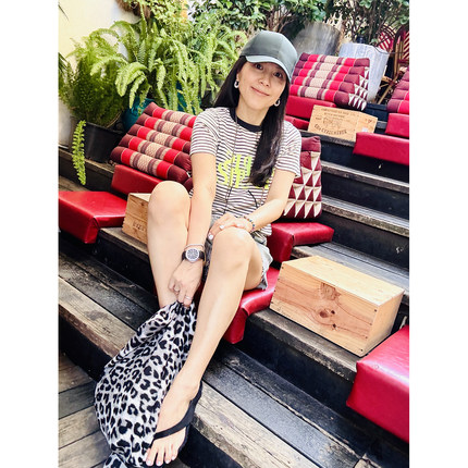 TANG TOWN 自制 经典百搭条纹圆领时髦字母设计 短袖T恤