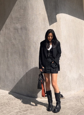 TANG TOWN 自制黑灰羊毛工装半裙 高腰长腿显瘦经典A字腰带短裙裤