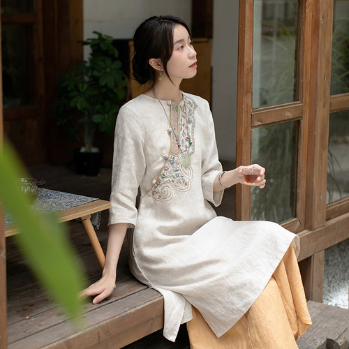 中国风纯亚麻云纹盘扣a字裙茶服