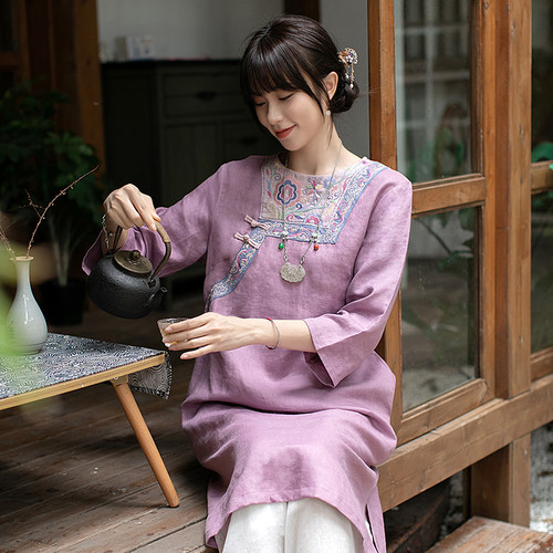 民族风茶服亚麻中式连衣裙