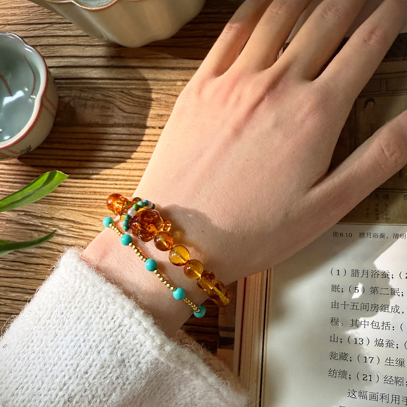 新中式中国风原创设计款花珀小熊琥珀手串手链天然淡水珍珠绿松石