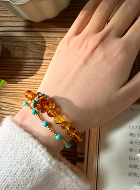 新中式中国风原创设计款花珀小熊琥珀手串手链天然淡水珍珠绿松石