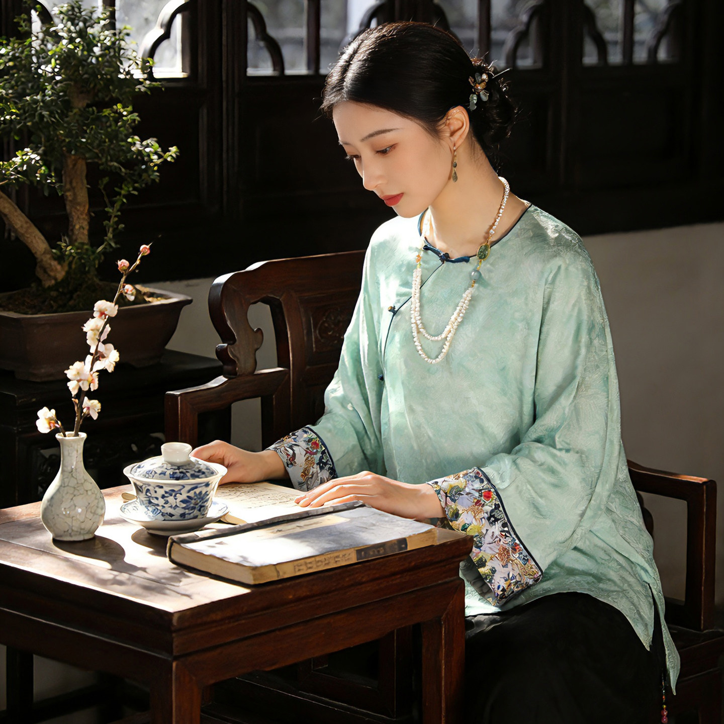 新中式通勤春夏国风圆领九分长袖上衣女刺绣花复古人丝提花缎茶服