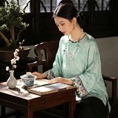 新中式 上衣女刺绣花复古人丝提花缎茶服 通勤春夏国风圆领九分长袖