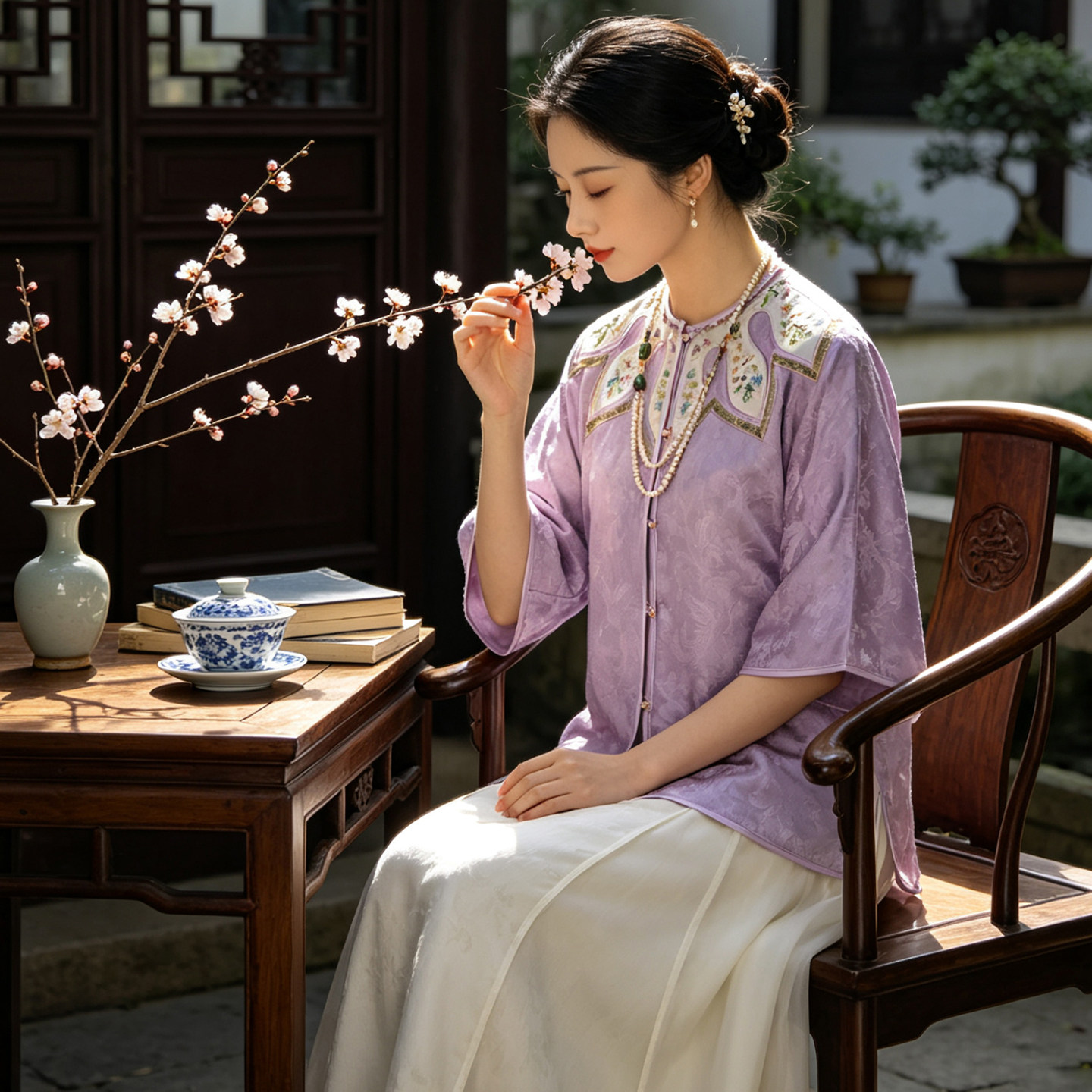 新中式通勤国风刺绣上衣女夏季提花云肩五分袖汉服改良外套禅茶服