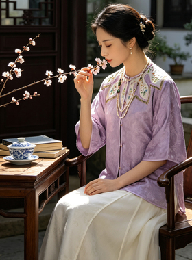 新中式通勤国风刺绣上衣女夏季提花云肩五分袖汉服改良外套禅茶服