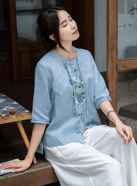 远镇亚麻上衣刺绣花短袖中国风衬衫2023夏季民族风五分袖中式女装