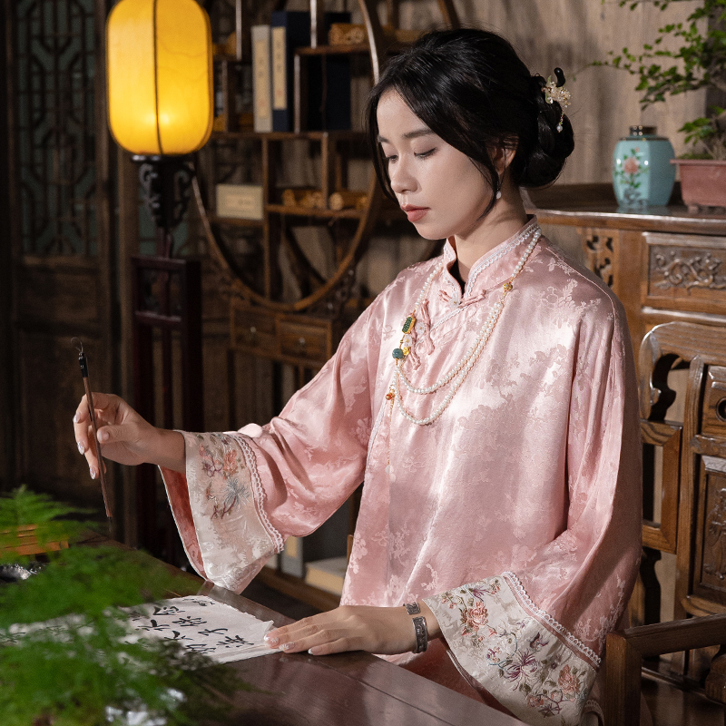 九分袖人丝提花刺绣花新中式上衣