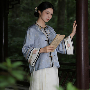 新中式通勤提花人丝刺绣上衣女春季立领衬衫长袖外套国风复古茶服
