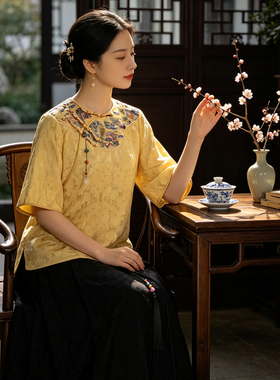 新中式通勤国风盘扣短袖五分袖刺绣上衣女夏季云肩禅茶服人丝提花