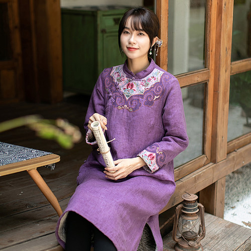 连衣裙远镇亚麻中式女装复古