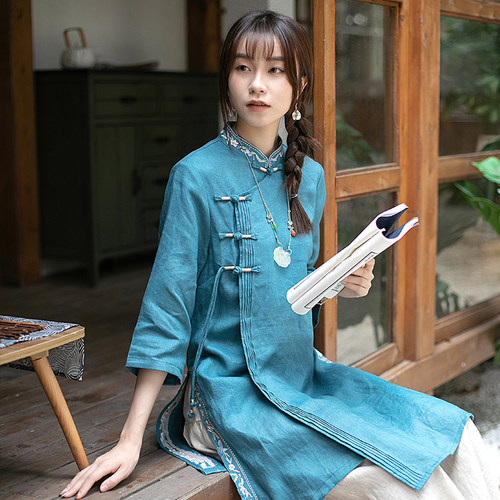 亚麻五分袖刺绣中式茶服复古盘扣