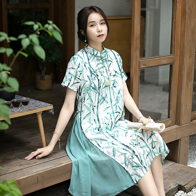 远镇国风复古天丝苎麻连衣裙茶服